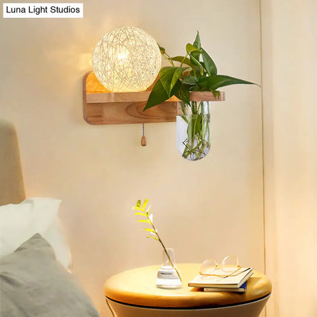 Spherical Rattan Bedside Sconce Light With Pull Chain - Modern Wood Wall Fixture