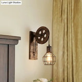 Spherical Wire Cage Wall Light Rustic Iron Bedroom Lamp With Pulley 1-Light Foyer & Mount