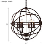 Spherical Wrought Iron Hanging Light: Antique Style Indoor Chandelier Lamp In Black/Rust With 3/6/7