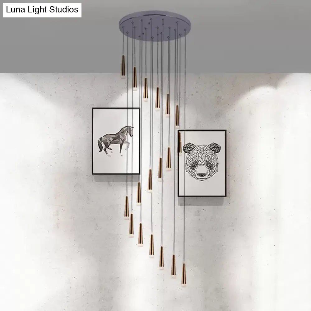 Spiral Design Gold Cone Pendant Light Fixture With 19 Minimalist Acrylic Bulbs - Stair Multi Lamp