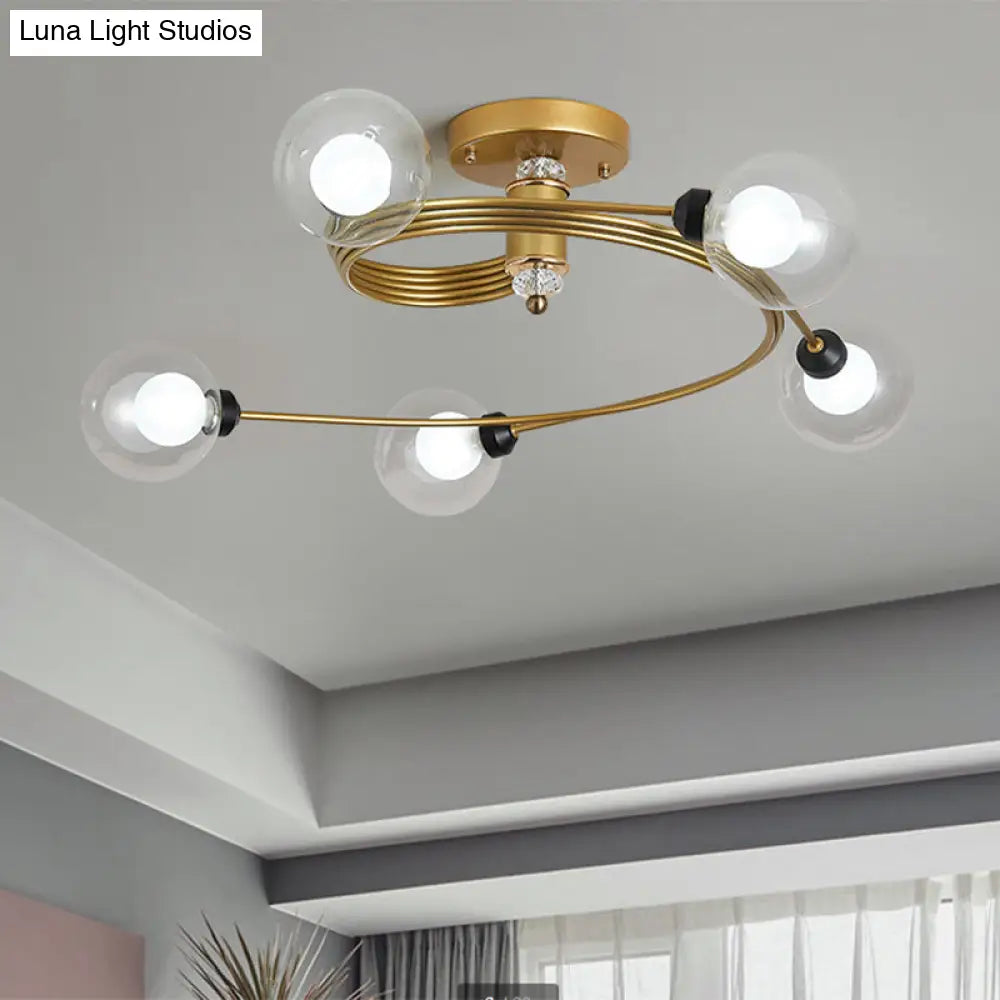 Spiral Semi Flush Traditional Glass/Crystal Bedroom Ceiling Light Fixture - Brass Finish