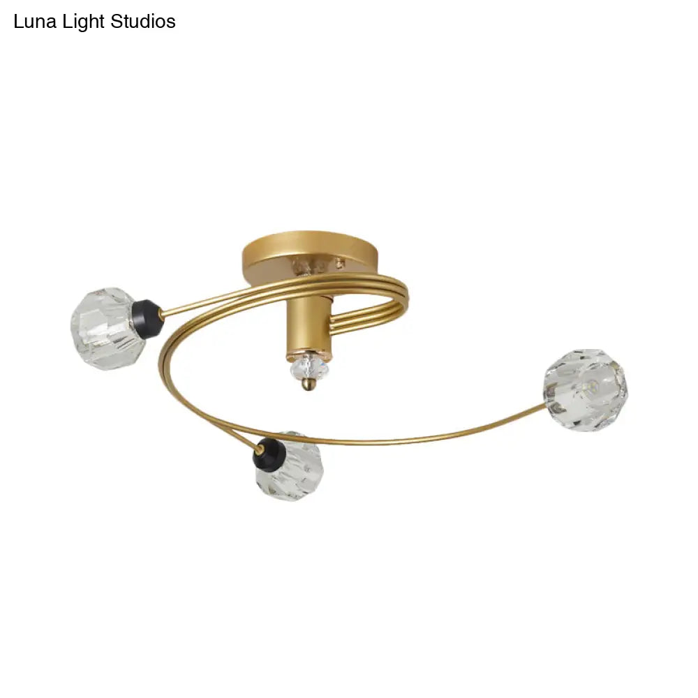 Spiral Semi Flush Traditional Glass/Crystal Bedroom Ceiling Light Fixture - Brass Finish