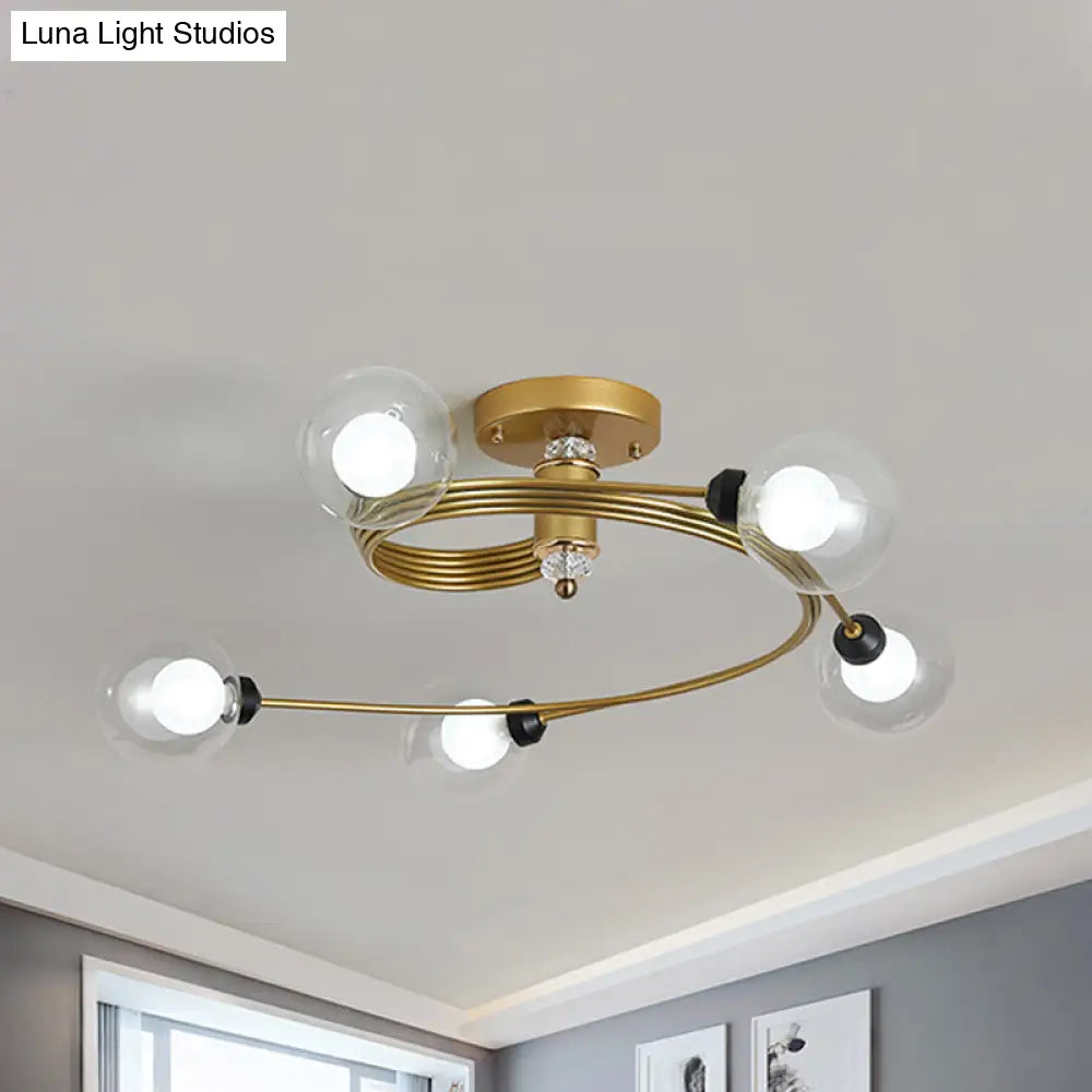 Spiral Semi Flush Traditional Glass/Crystal Bedroom Ceiling Light Fixture - Brass Finish