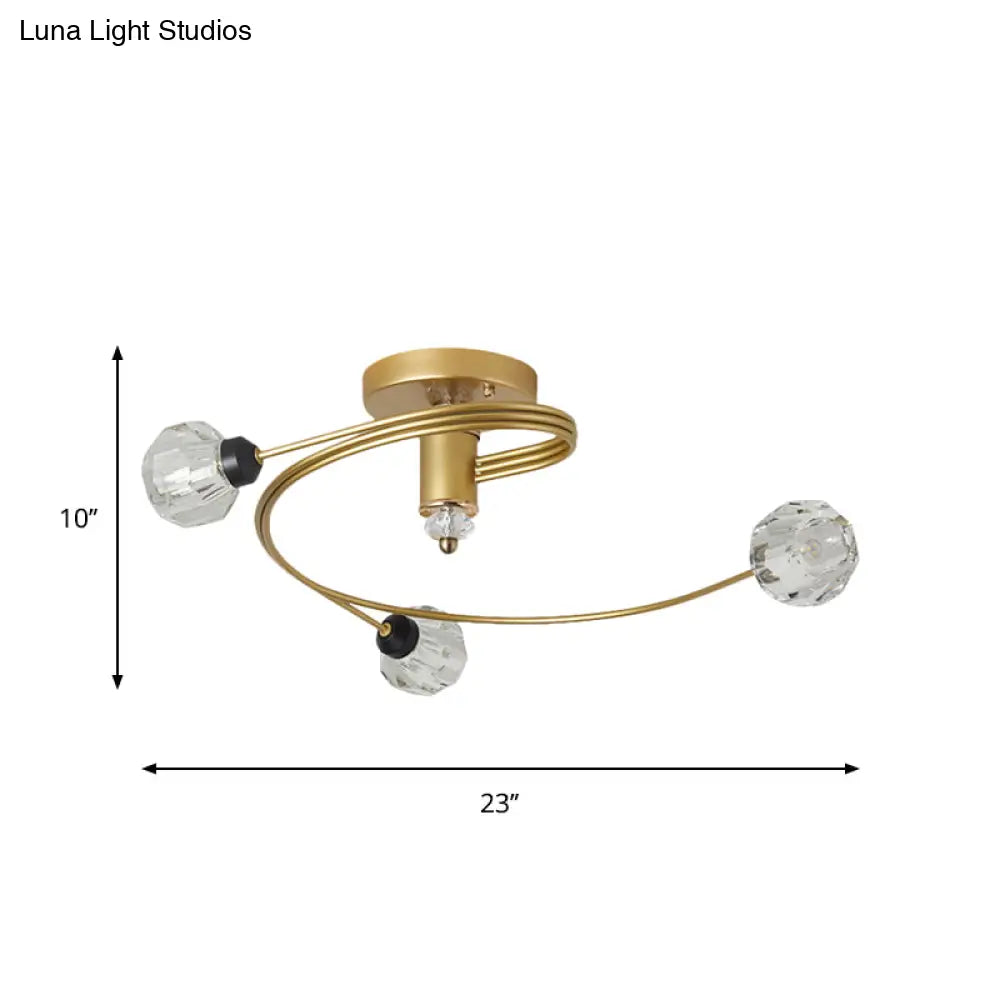 Spiral Semi Flush Traditional Glass/Crystal Bedroom Ceiling Light Fixture - Brass Finish