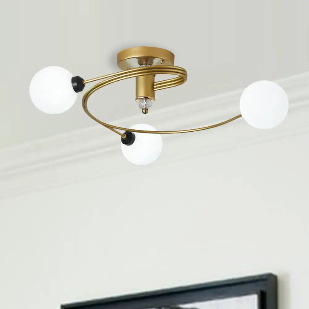 Spiral Semi Flush Traditional Glass/Crystal Bedroom Ceiling Light Fixture - Brass Finish / F
