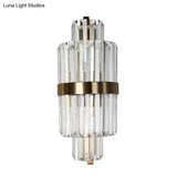 Spool Wall Sconce Light - Modern Faceted Clear Crystal Prism 2 Lights Brass Finish
