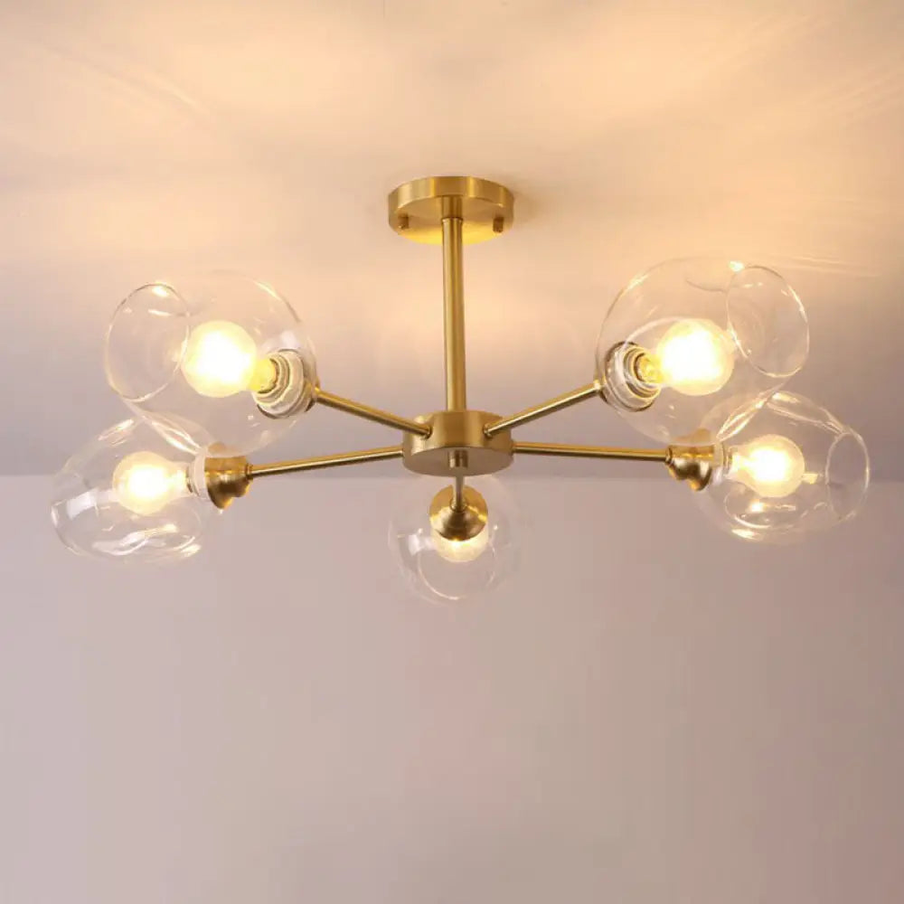 Sputnik Ceiling Mount Chandelier: Postmodern Cup Glass Parlor Flush Light In Brass 5 / Clear