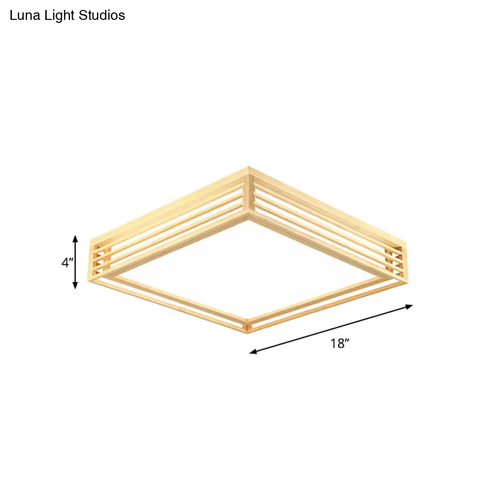 Square Acrylic Flush Ceiling Light - Asian Beige Led Fixture In Warm/White With Wood Frame