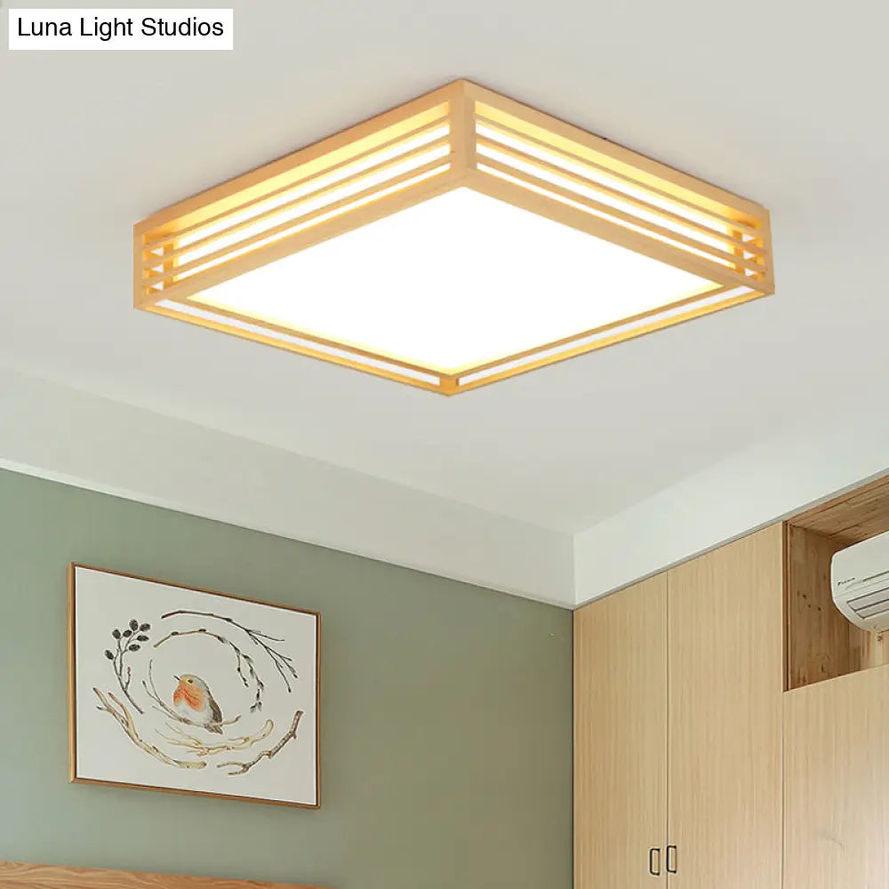 Square Acrylic Flush Ceiling Light - Asian Beige Led Fixture In Warm/White With Wood Frame