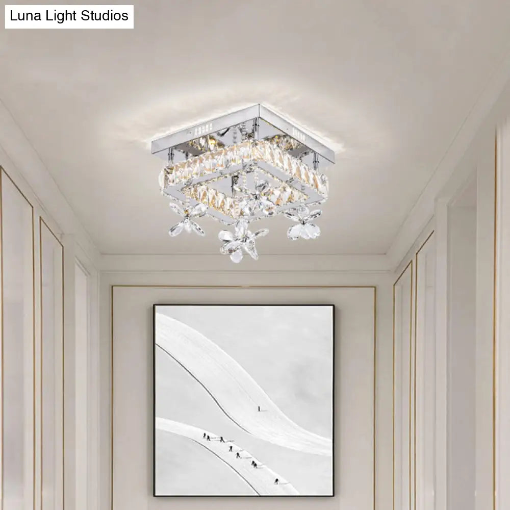Square Crystal Led Semi Flush Mount Ceiling Fixture Beveled Design Chrome Finish - 8/12 Wide