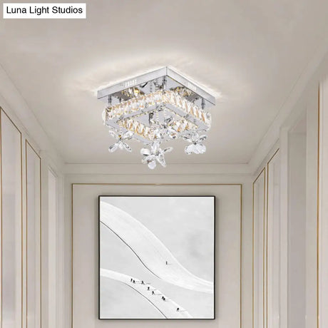 Square Crystal Led Semi Flush Mount Ceiling Fixture Beveled Design Chrome Finish - 8/12 Wide