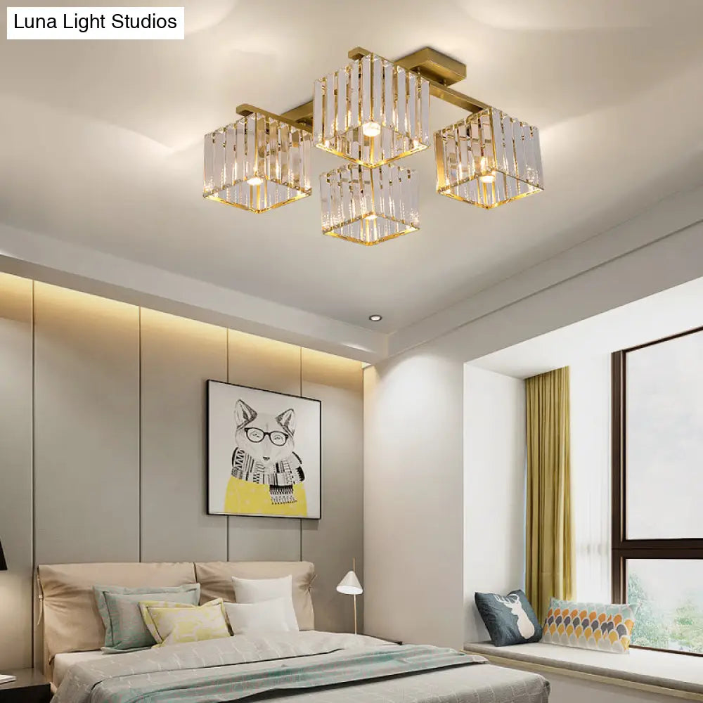 Square Crystal Rod Ceiling Light Fixture - Modern Semi Flush Mount With Tri - Sided Design (4/6/9