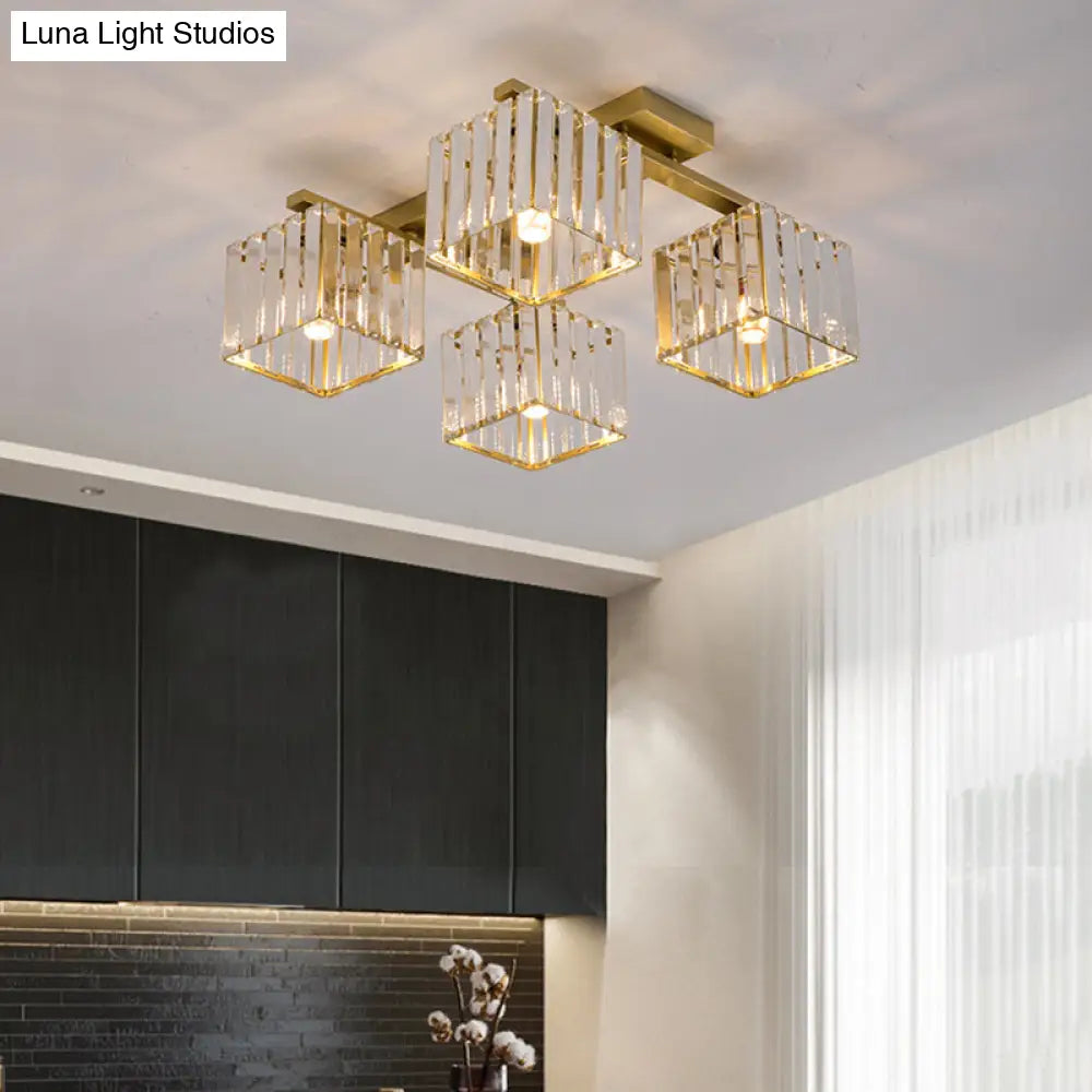 Square Crystal Rod Ceiling Light Fixture - Modern Semi Flush Mount With Tri - Sided Design (4/6/9