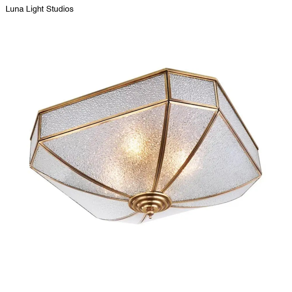 Square Flush Mount Traditionary Water Glass Ceiling Light Fixture - Brass Finish Ideal For Bedrooms