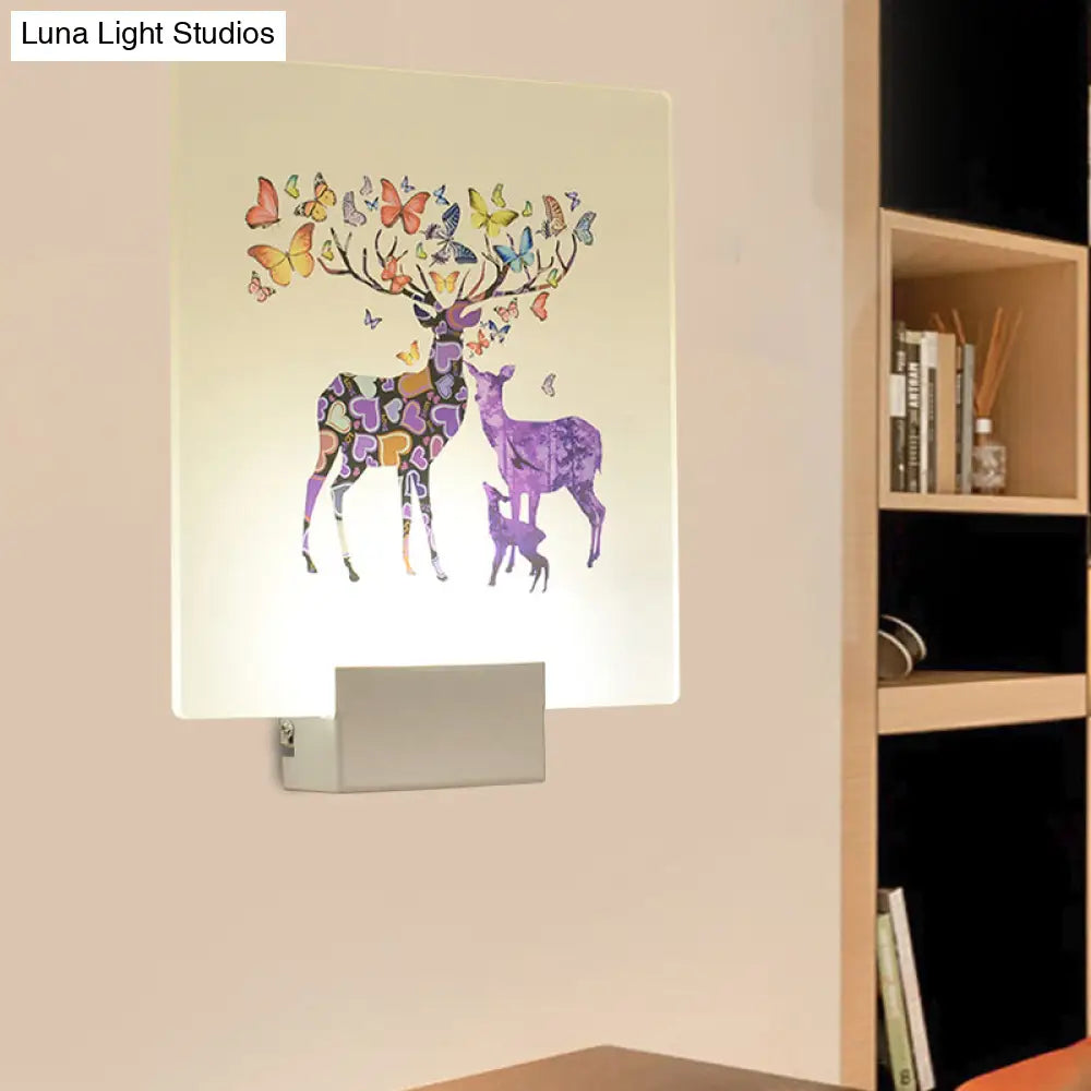 Square Led Wall Mount Light In Simple Style - Purple/Pink/Yellow With Deer/Blossom/Tree Pattern For
