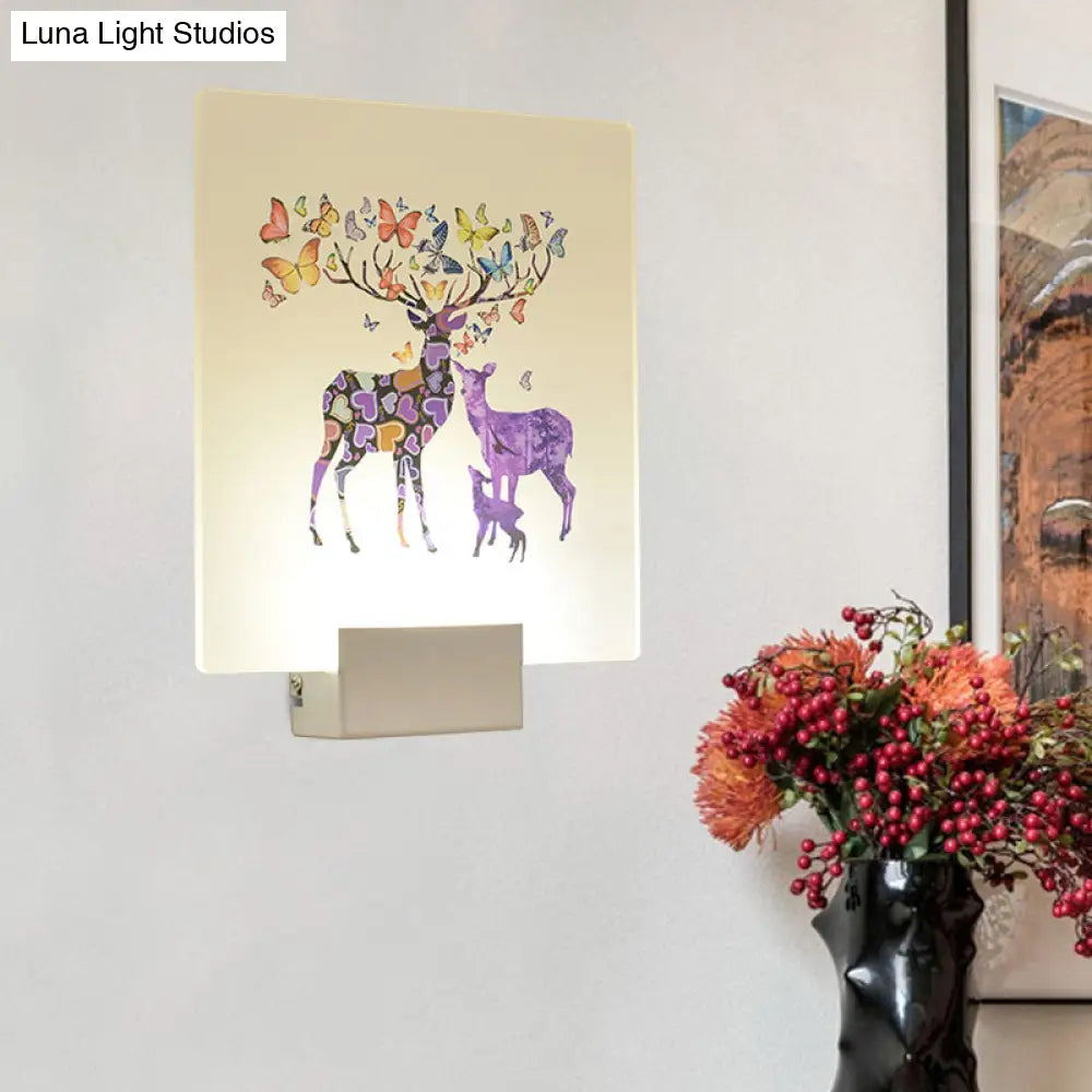 Square Led Wall Mount Light In Simple Style - Purple/Pink/Yellow With Deer/Blossom/Tree Pattern For
