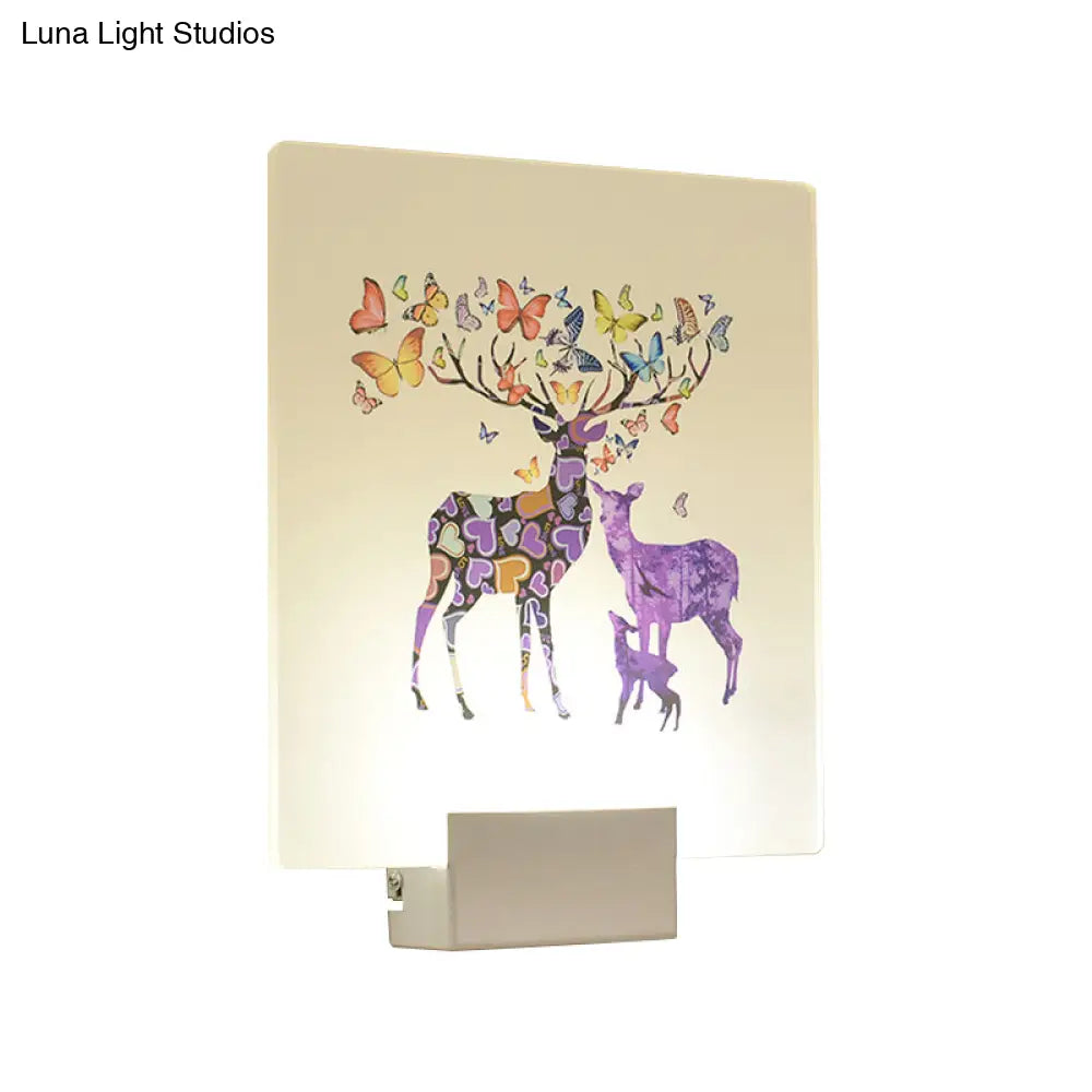 Square Led Wall Mount Light In Simple Style - Purple/Pink/Yellow With Deer/Blossom/Tree Pattern For