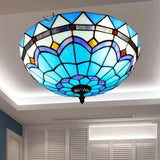 Stained Art Glass Flush Mount Ceiling Light With Traditional Bowl Shade Blue / 16’