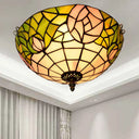 Stained Art Glass Flush Mount Ceiling Light With Traditional Bowl Shade Green / 12’