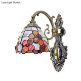 Stained Glass 1-Light Wall Sconce In Antique Brass With Bowl Shape And Flower Pattern