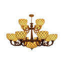 Stained Glass Beige Chandelier With Bowl Pendant & Multi Lights