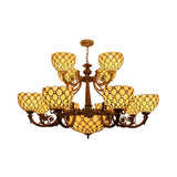 Stained Glass Beige Chandelier With Bowl Pendant & Multi Lights