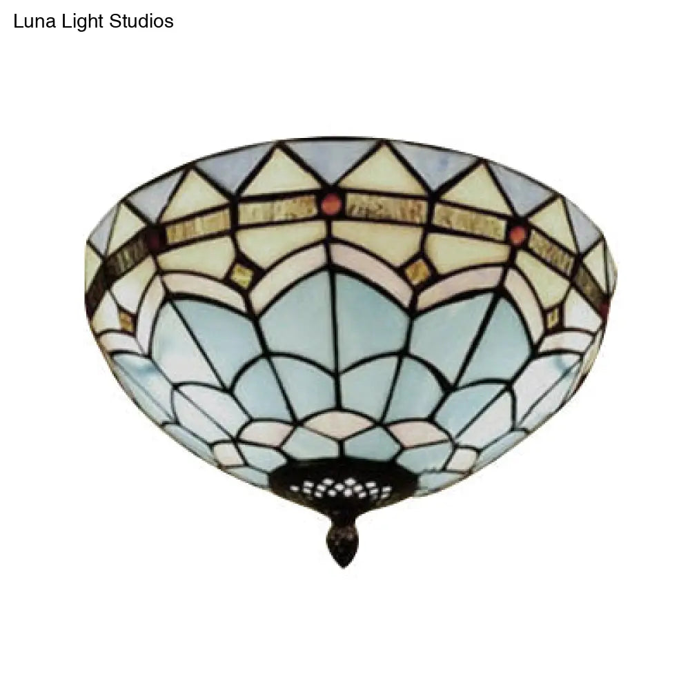 Stained Glass Bowl Flush Mount Ceiling Light - Lodge Style 1/2/4 Blue/Light Blue 12’/16’/19.5’ Width