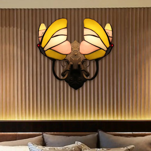 Stained Glass Butterfly Wall Sconce With Dual Lights For Living Room Décor Yellow-Pink