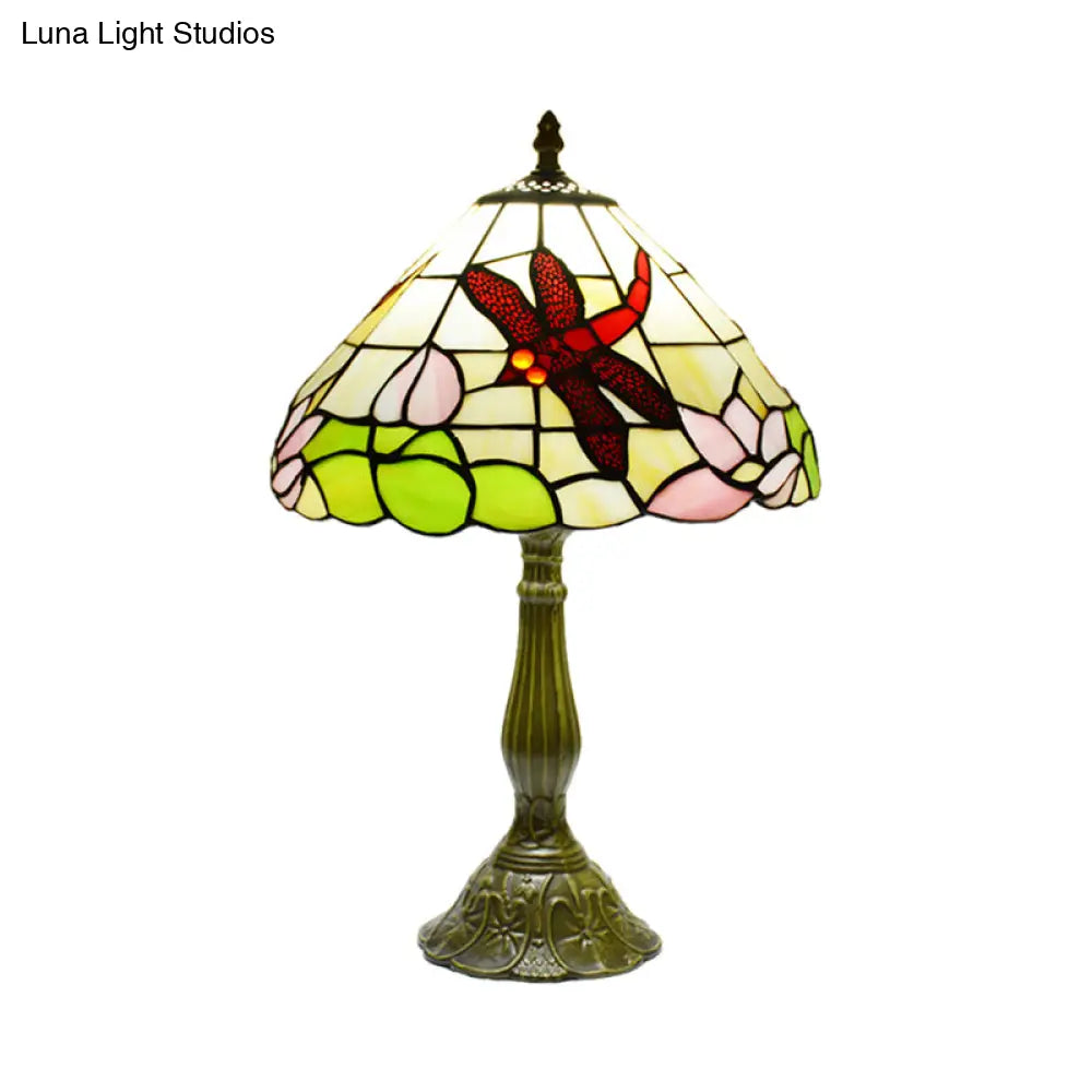 Stained Glass Cone Night Lamp Tiffany Bronze Finish - Handcrafted Dragonfly & Lotus Pattern 1-Light