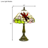 Stained Glass Cone Night Lamp Tiffany Bronze Finish - Handcrafted Dragonfly & Lotus Pattern 1-Light
