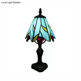Stained Glass Cone Table Light With Metal Base & Gem/Grape/Peacock Tail Pattern - Tiffany Bedside