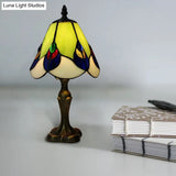 Stained Glass Cone Table Light With Metal Base & Gem/Grape/Peacock Tail Pattern - Tiffany Bedside