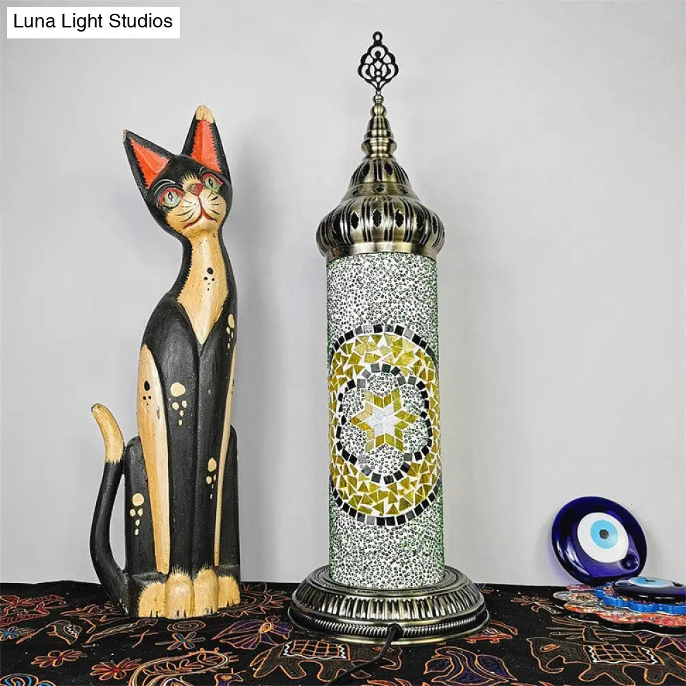 Stained Glass Cylinder Bedroom Table Lamp With Led Night Light - Traditional Design In