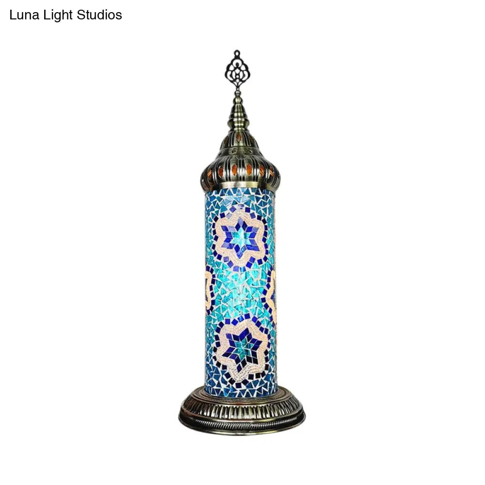 Stained Glass Cylinder Bedroom Table Lamp With Led Night Light - Traditional Design In