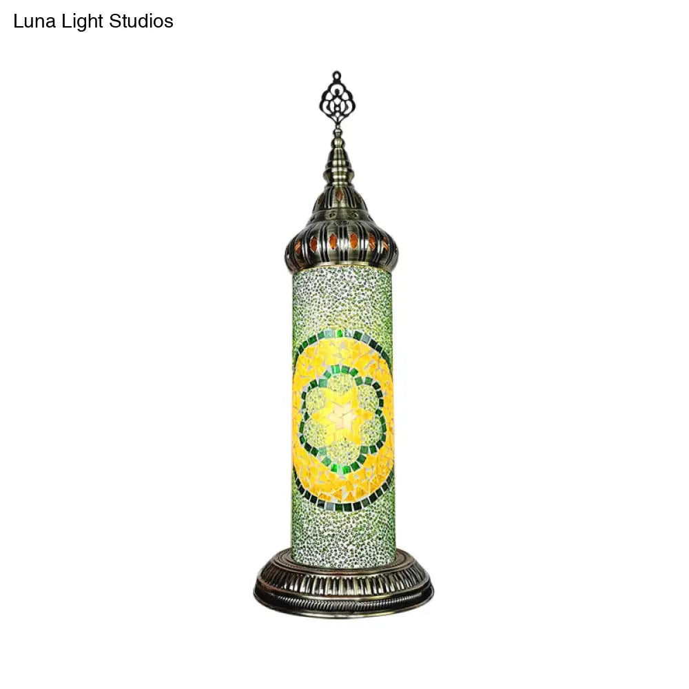 Stained Glass Cylinder Bedroom Table Lamp With Led Night Light - Traditional Design In
