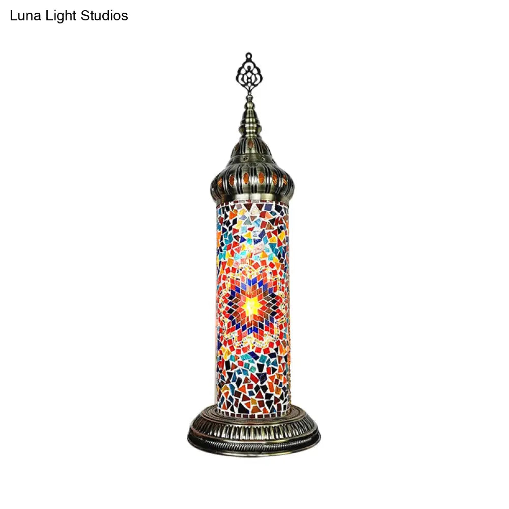 Stained Glass Cylinder Bedroom Table Lamp With Led Night Light - Traditional Design In