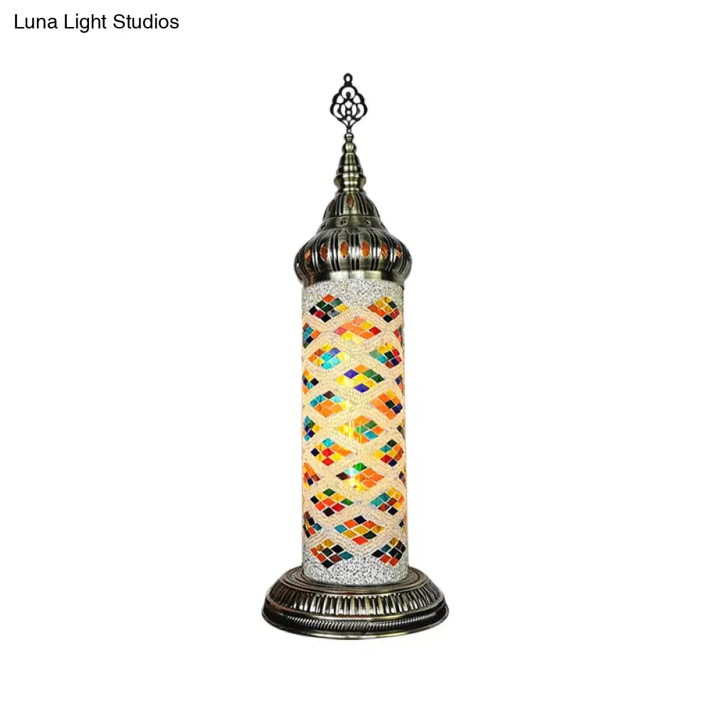Stained Glass Cylinder Bedroom Table Lamp With Led Night Light - Traditional Design In