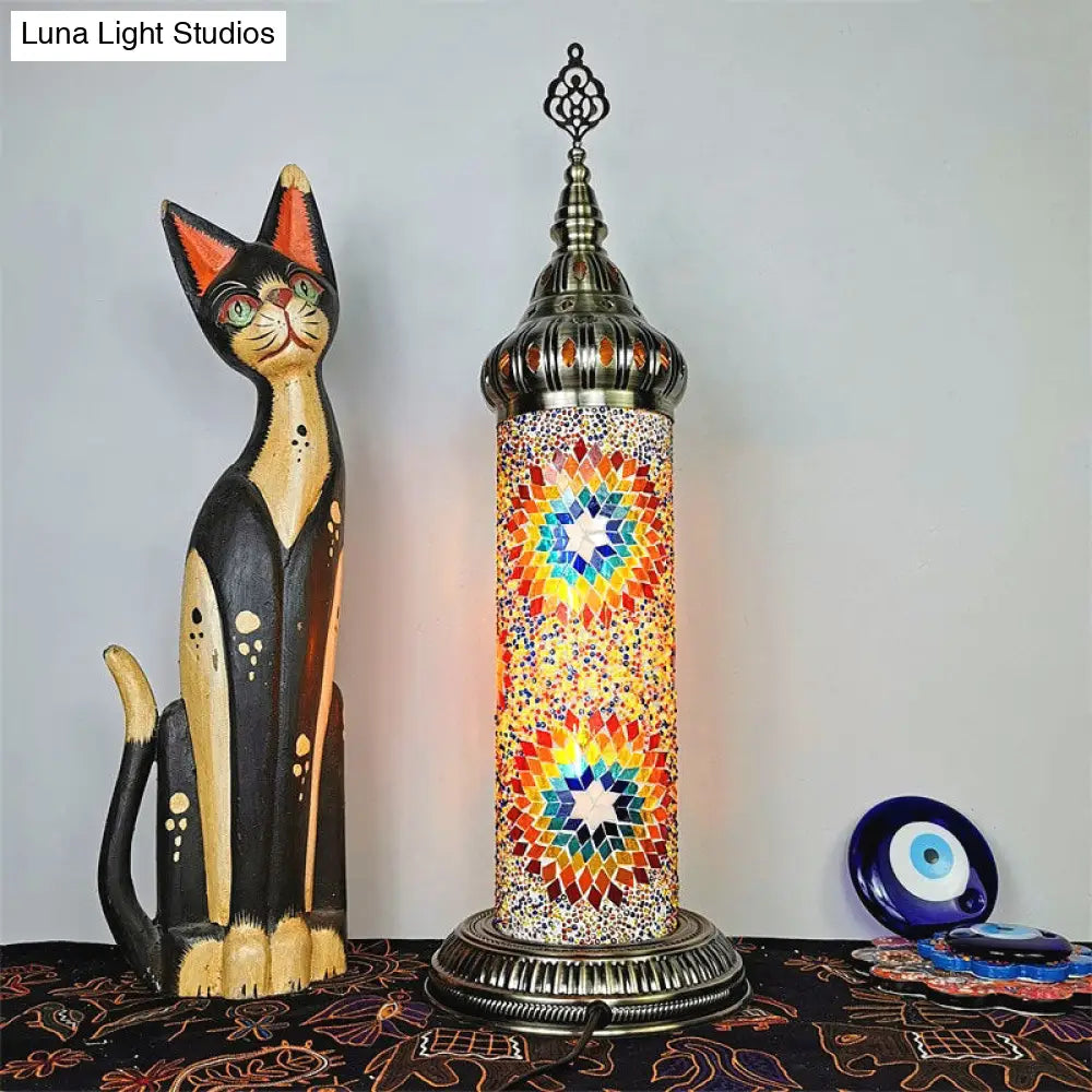 Stained Glass Cylinder Bedroom Table Lamp With Led Night Light - Traditional Design In
