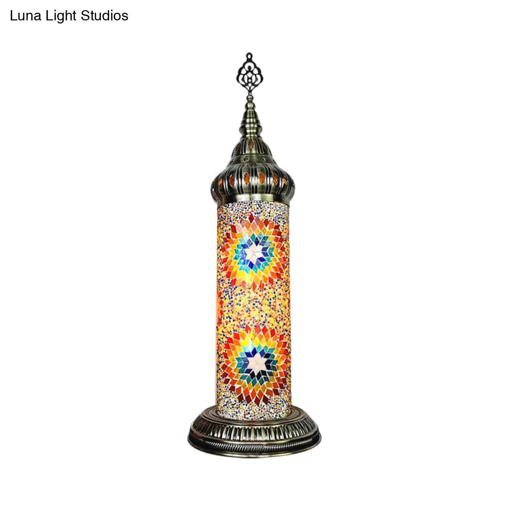 Stained Glass Cylinder Bedroom Table Lamp With Led Night Light - Traditional Design In