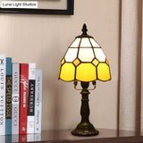 Stained Glass Dome Night Light - Artistic Mission Style Beige/Yellow/Orange Grid Pattern Ideal