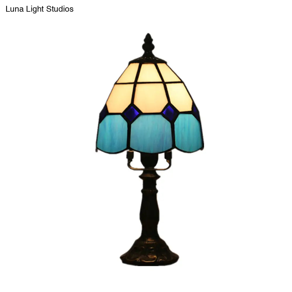 Stained Glass Dome Night Light - Artistic Mission Style Beige/Yellow/Orange Grid Pattern Ideal