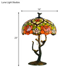Stained Glass Empire Table Light - Tiffany Style Bedside Lamp With Orange Rose/Lotus Design Brass