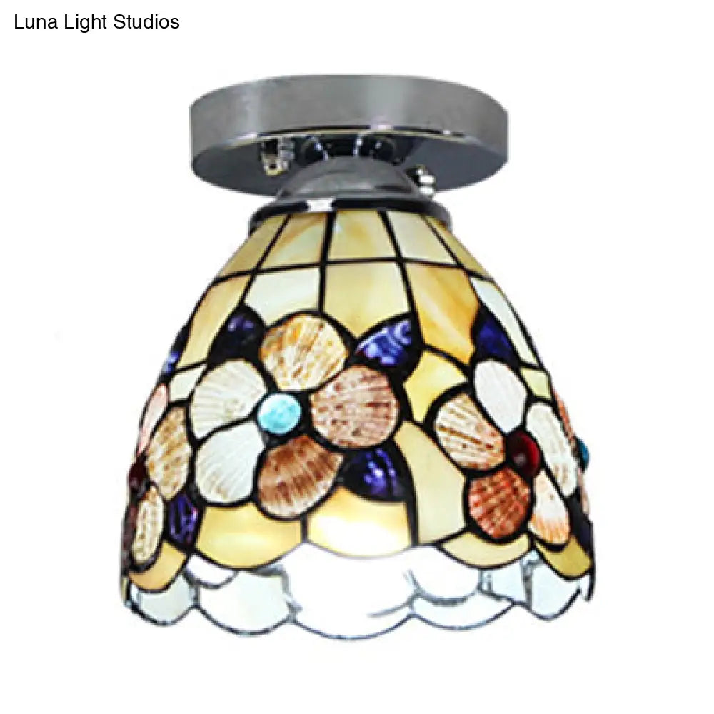 Stained Glass Flower Pattern Ceiling Light - Tiffany Style Flush Mount With 1 Bulb Black/Chrome