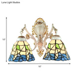 Stained Glass Flower Wall Sconce With 2 Bell Lights - Lodge-Inspired Fixture For Bedroom Lighting