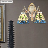 Stained Glass Flower Wall Sconce With 2 Bell Lights - Lodge-Inspired Fixture For Bedroom Lighting