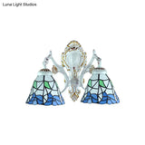 Stained Glass Flower Wall Sconce With 2 Bell Lights - Lodge-Inspired Fixture For Bedroom Lighting