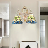 Stained Glass Flower Wall Sconce With 2 Bell Lights - Lodge-Inspired Fixture For Bedroom Lighting