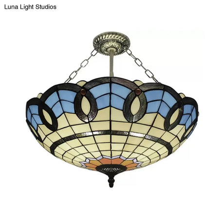 Stained Glass Inverted Ceiling Lamp - Tiffany Baroque Semi Flushmount Light In Beige/Yellow/Antique