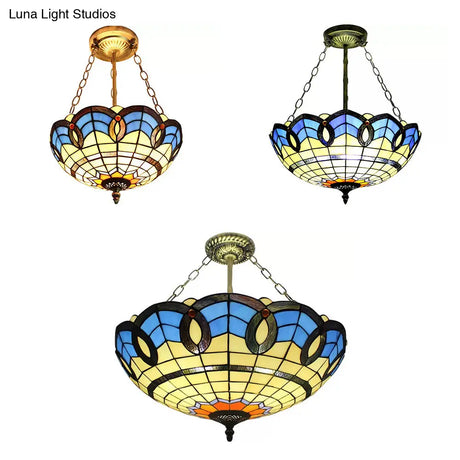 Stained Glass Inverted Ceiling Lamp - Tiffany Baroque Semi Flushmount Light In Beige/Yellow/Antique