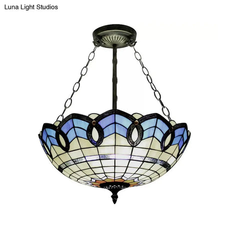 Stained Glass Inverted Ceiling Lamp - Tiffany Baroque Semi Flushmount Light In Beige/Yellow/Antique